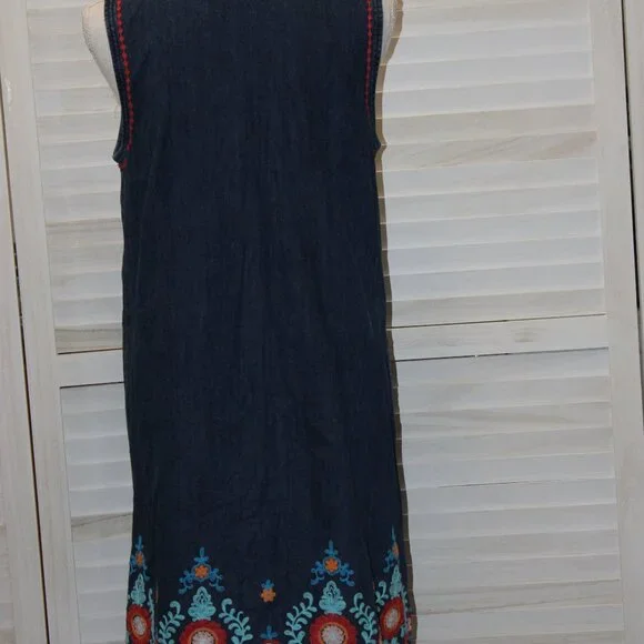 J Jill Denim Jumper Dress Frayed Hem Embroidery Size Small - Picture 5 of 7